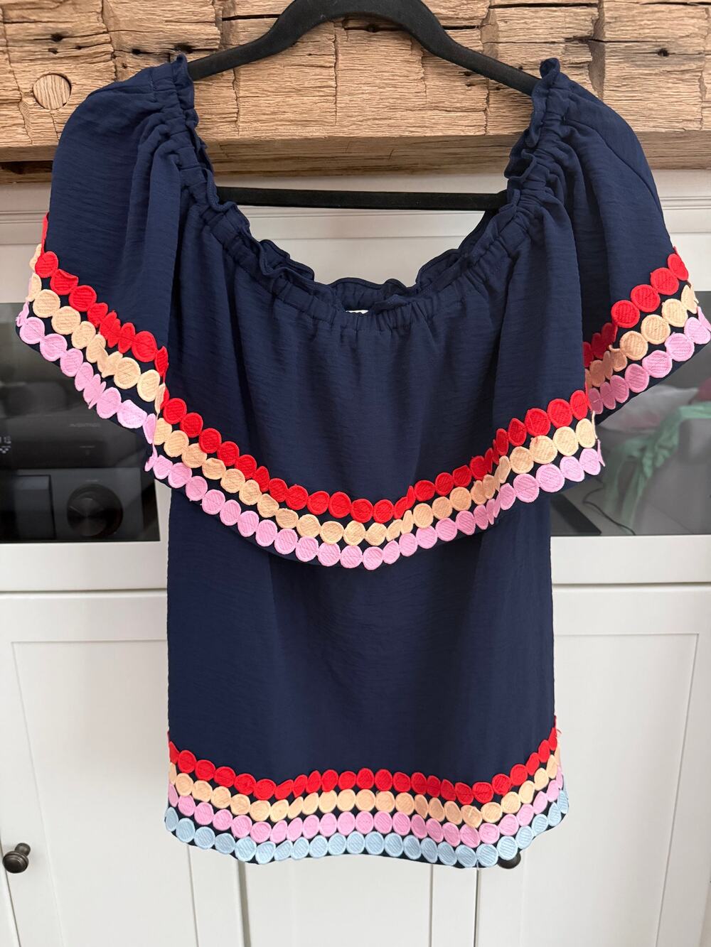 Entro Navy Boho Off-Shoulder Top Sz L Rainbow Embroidered Trim Blouse